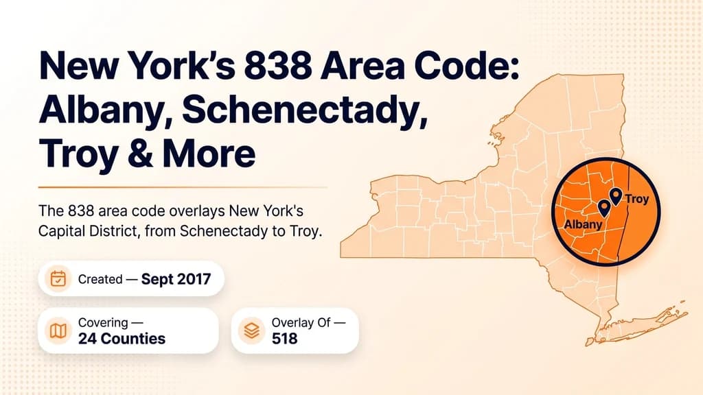 Orange and navy banner showing a map badge over eastern New York with pins for Albany, Schenectady, and Troy, labeled as the overlay for area code 518