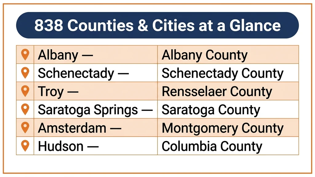 Table-style graphic listing Albany, Schenectady, Troy, and Saratoga Springs with their counties across New York's Capital District