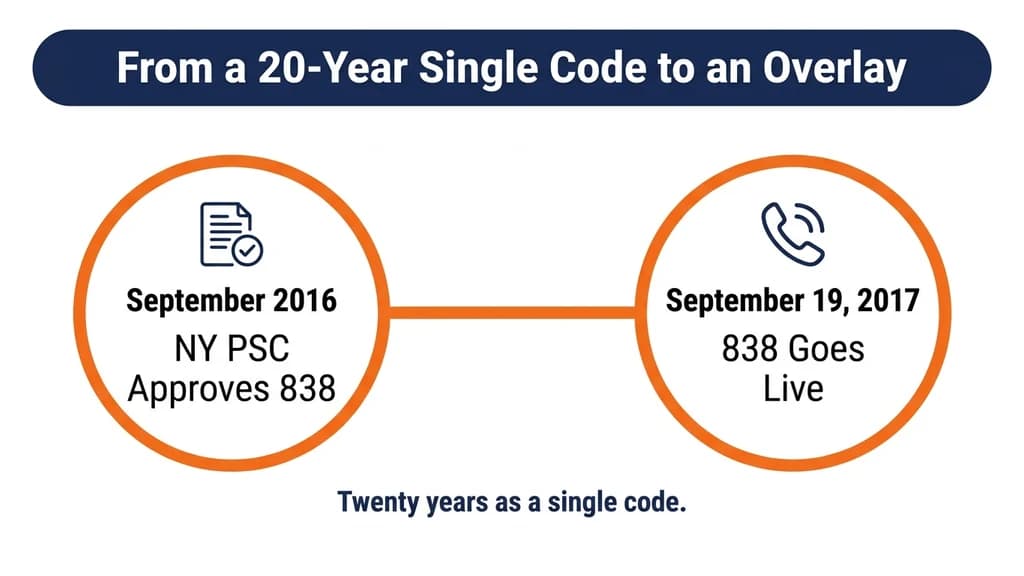 Timeline graphic showing two milestones: September 2016 NY PSC approval and September 2017 838 overlay activation over the existing 518 region