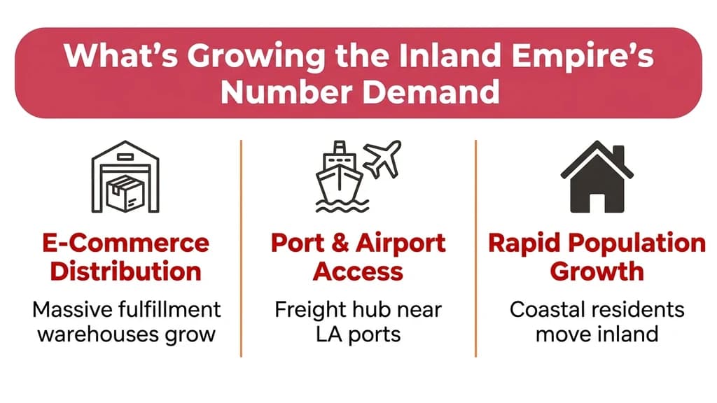 Editorial stat graphic titled What's Growing the Inland Empire's Number Demand, with rows for e-commerce distribution centers, port and airport proximity, and population growth