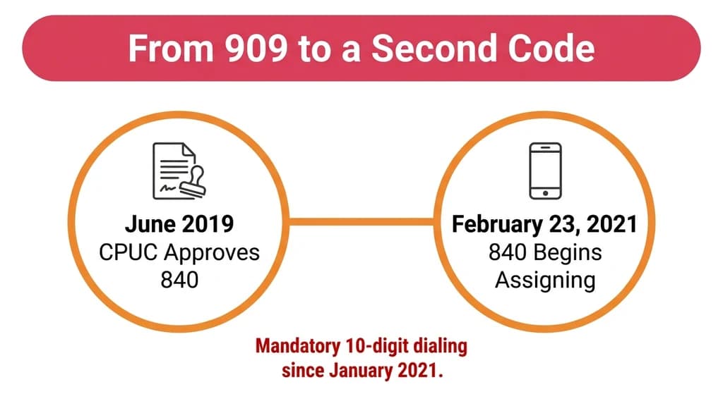 Timeline graphic showing two milestones: June 2019 CPUC approval and February 2021 840 overlay activation over the existing 909 region