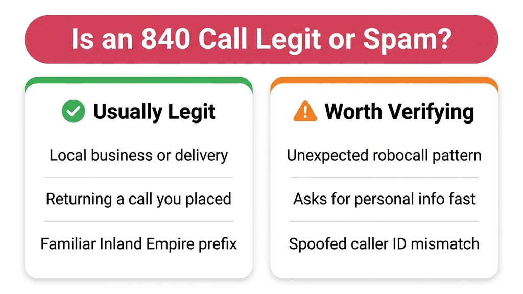 Checklist-style graphic showing common signs of legitimate versus spam calls from the 840 area code