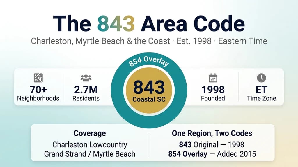 Teal and sandy-gold banner showing a radial ring diagram over coastal South Carolina with 843 at the center and 854 as the surrounding overlay ring, plus stat pills for cities, population, and time zone