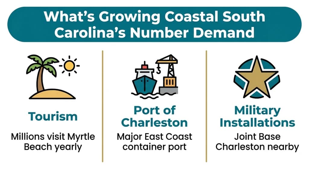 Editorial stat graphic titled What's Growing Coastal South Carolina's Number Demand, with rows for tourism, the Port of Charleston, and military installations