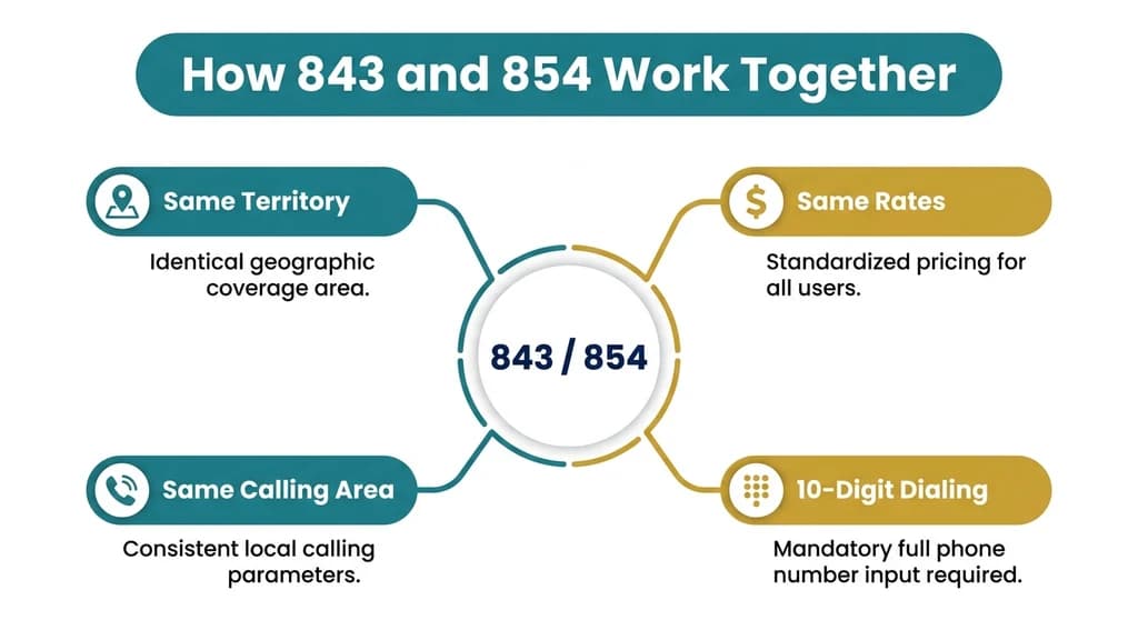 Radial hub diagram showing 843 at the center connected to four surrounding elements: same territory, same rates, same calling area, and 10-digit dialing shared with 854