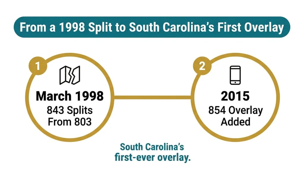 Timeline graphic showing two milestones: March 1998 split from 803 and 2015 854 overlay activation over the same 843 coastal territory