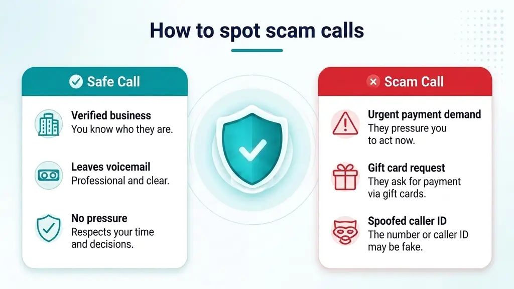 Comparison graphic showing warning signs of a scam call next to signs of a legitimate 845 area code call