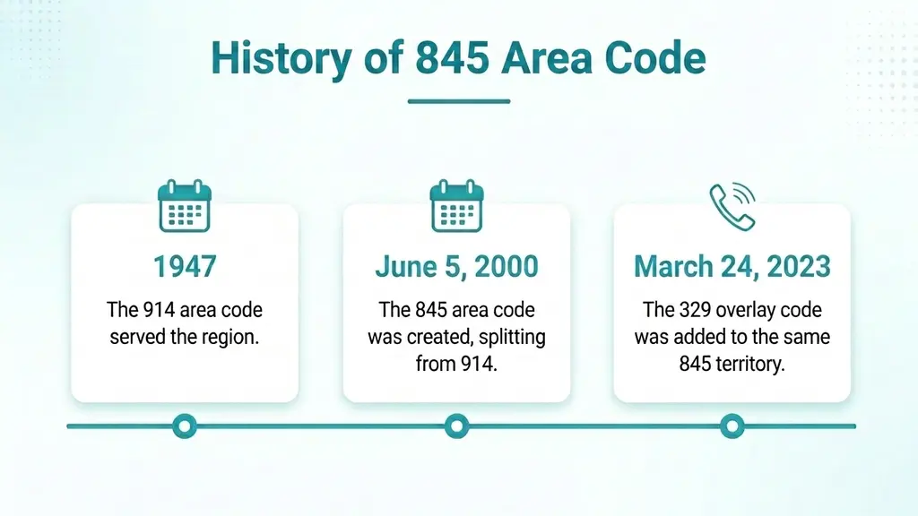 Timeline infographic tracing the Hudson Valley's area code history from 914 covering Westchester and the outer valley together, through the 845 split in June 2000, to the 329 overlay launching in March 2023, on a pale blue background with a ghosted New York outline