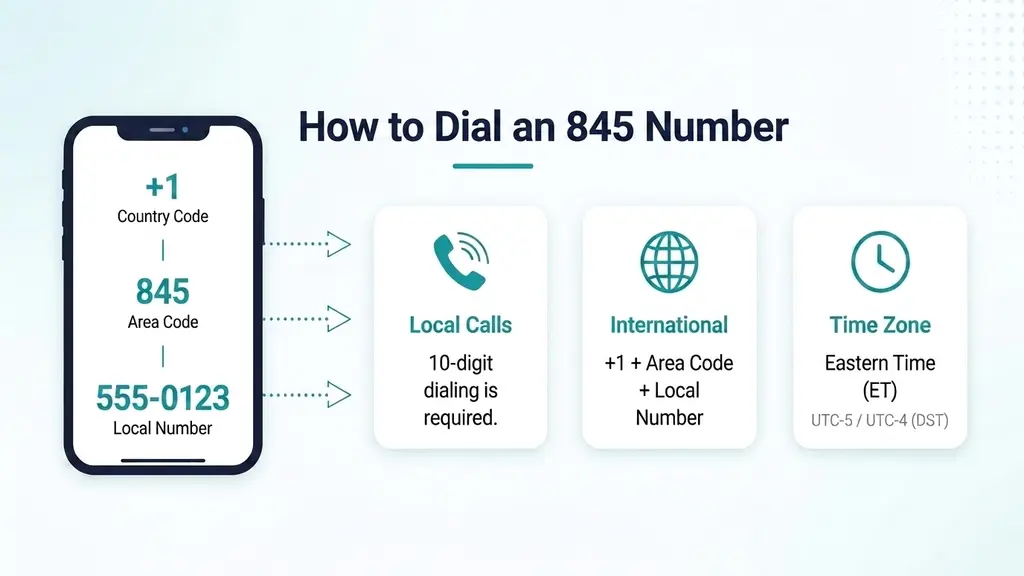 Illustration of a phone dial screen showing 10-digit dialing steps for an 845 number with an Eastern Time zone badge