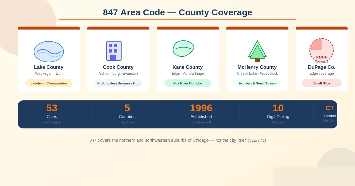 Map of 847 area code coverage across Chicago's northern suburbs in northeastern Illinois — Lake, Cook, Kane, McHenry, and small DuPage counties, with major cities including Schaumburg, Evanston, and Waukegan