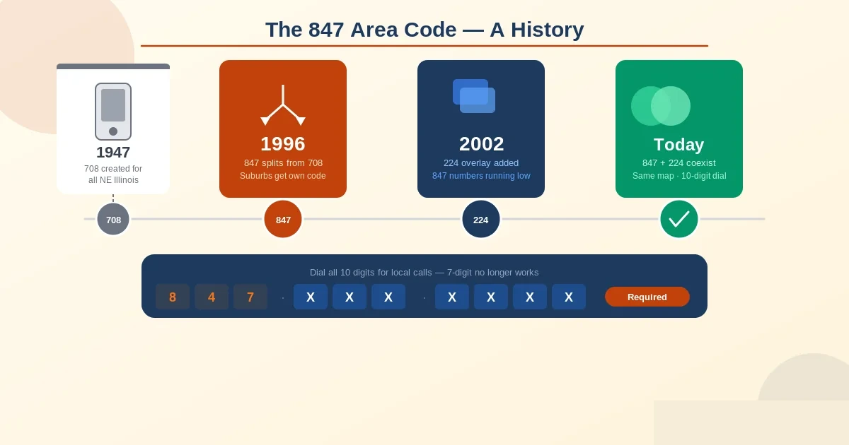 The history of the 847 area code — split off from 708 in 1996 to serve Chicago's northern suburbs, then later joined by the 224 overlay in 2002 to handle continued growth