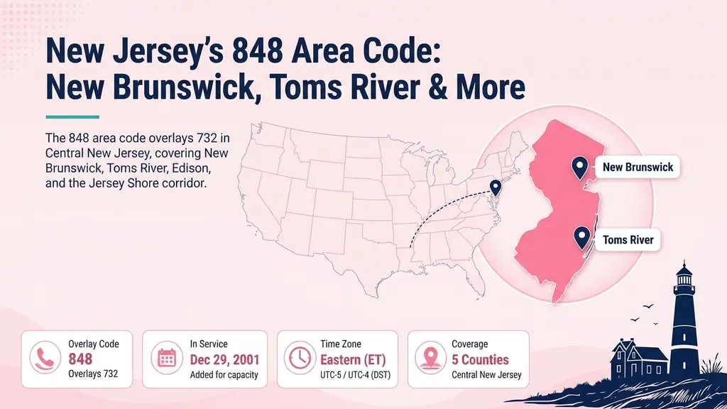 Vector map of Central New Jersey highlighted in cyan with a pin on New Brunswick and a navy Barnegat Lighthouse silhouette