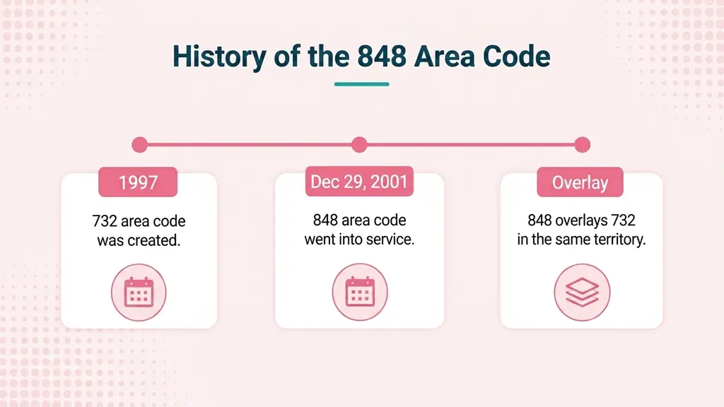 Timeline infographic tracing central New Jersey's area code history from 201 covering the whole state in 1947, through the 908 split in 1991 and the 732 split in 1997, to the 848 overlay launching in December 2001, on a pale blue background with a ghosted New Jersey outline
