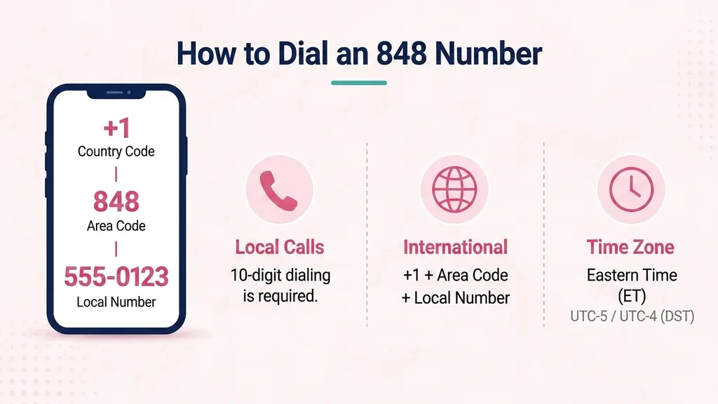 Illustration of a phone dial screen showing 10-digit dialing steps for an 848 number with an Eastern Time zone badge