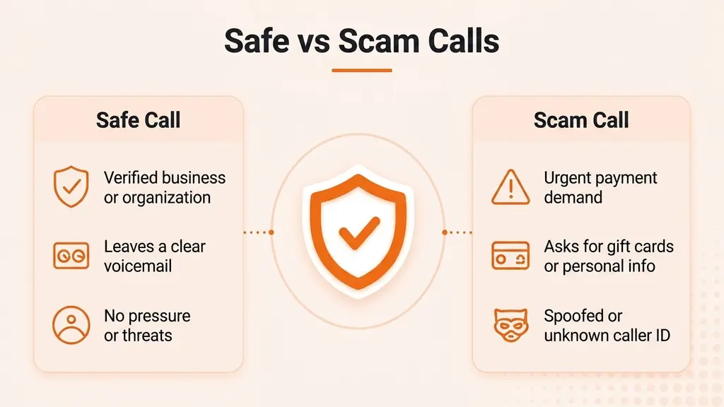 Comparison graphic showing warning signs of a scam call next to signs of a legitimate 850 area code call