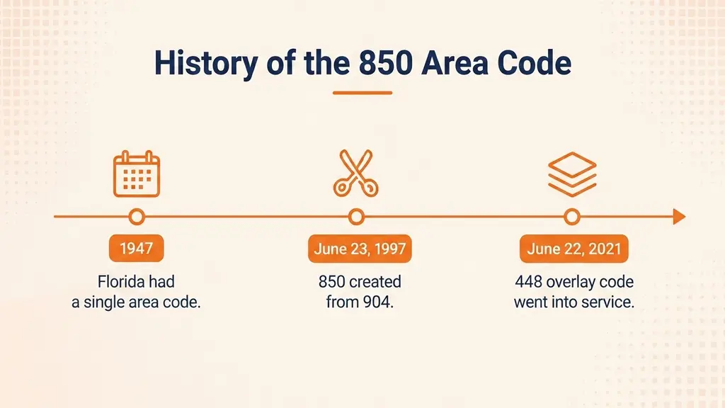 Timeline infographic tracing Florida Panhandle's area code history from 904 covering all of North Florida in 1947, through the 850 split in June 1997, to the 448 overlay launching in June 2021, on a pale blue background with a ghosted Florida outline