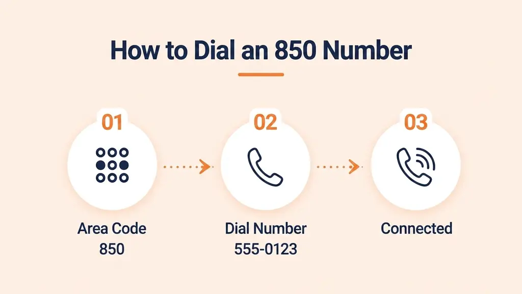 Illustration of a phone dial screen showing 10-digit dialing steps for an 850 number with Central and Eastern time zone badges
