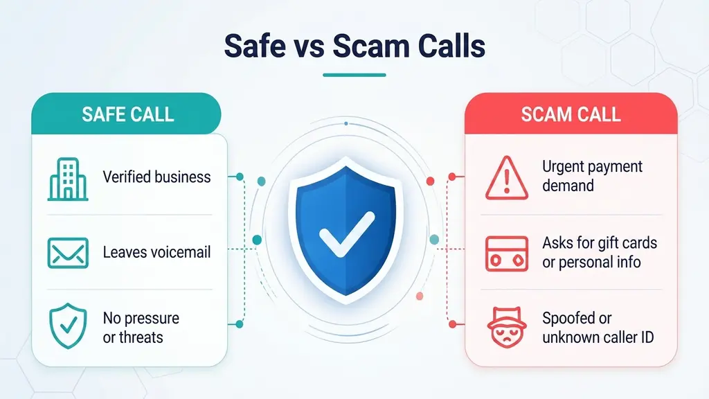 Comparison graphic showing warning signs of a scam call next to signs of a legitimate 854 area code call