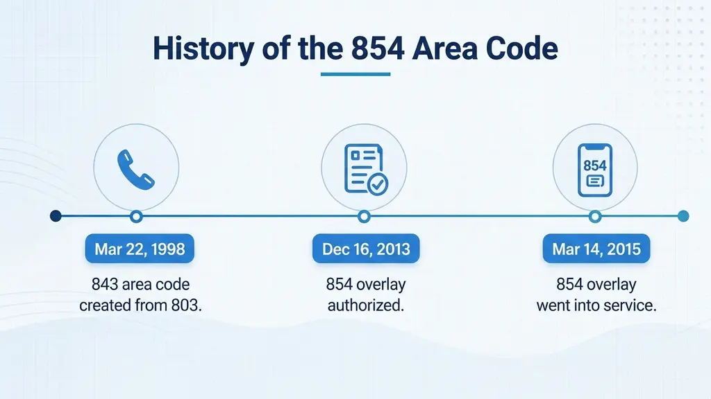 Timeline infographic tracing coastal South Carolina's area code history from 803 covering the whole state in 1947, through the 843 split in March 1998, to the 854 overlay launching in March 2015 as the state's first all-services overlay, on a pale blue background with a ghosted South Carolina outline