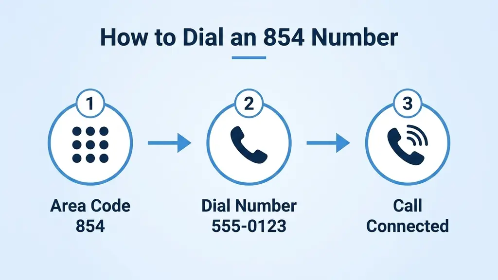 Illustration of a phone dial screen showing 10-digit dialing steps for an 854 number with an Eastern Time zone badge