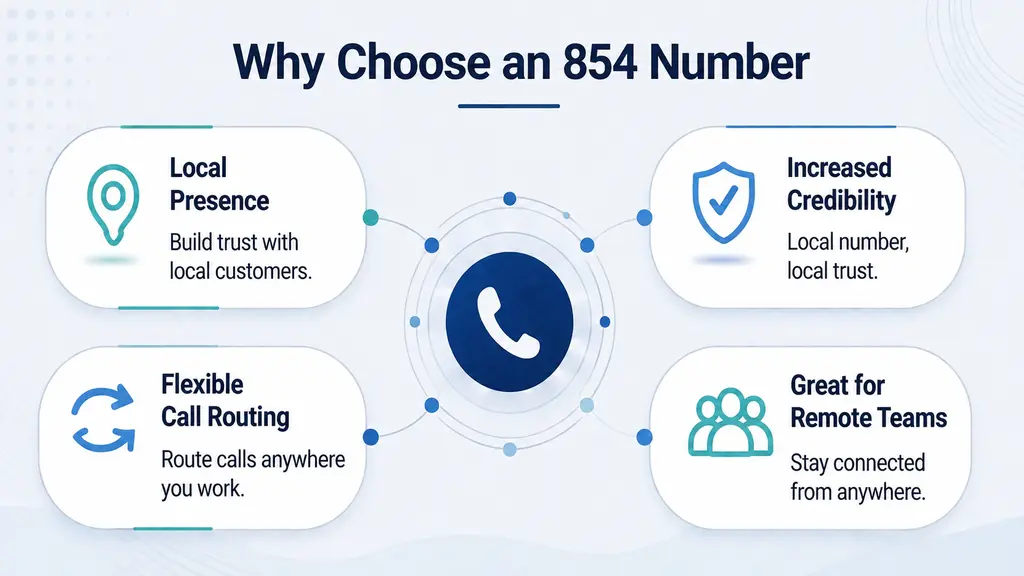 Four icon cards illustrating local presence, trust, call routing, and remote work benefits of an 854 phone number