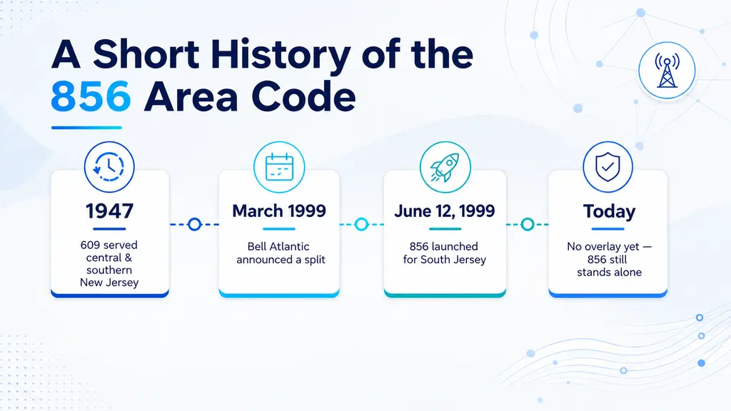 Timeline infographic tracing South Jersey's area code history from 609 covering central and southern New Jersey together in 1947, to the 856 split in June 1999 giving Camden, Cherry Hill, and Vineland their own dedicated code, on a pale blue background with a ghosted New Jersey outline