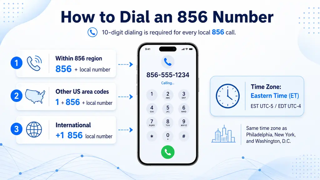 Illustration of a phone dial screen showing 10-digit dialing steps for an 856 number with an Eastern Time zone badge