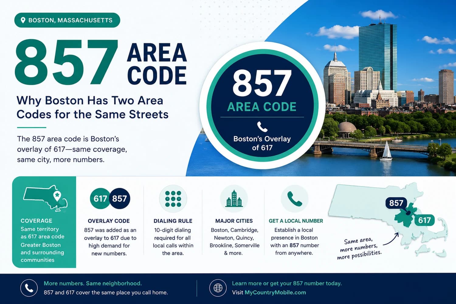 The 857 Area Code — Metro Boston Phone Guide 2026. Overlay on top of 617. 10-digit dialing required. Eastern Time. Massachusetts. Heraldic medallion with 857 inside a brick-red center ringed by a navy + gold border with four cardinal stars.