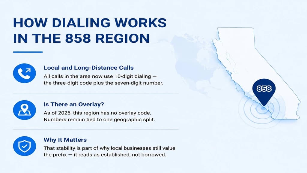 How dialing works in the 858 region — ten-digit dialing for every call
