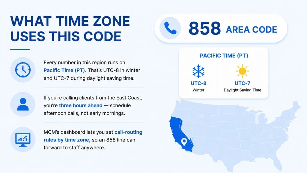 What time zone uses the 858 area code — Pacific Time with daylight saving
