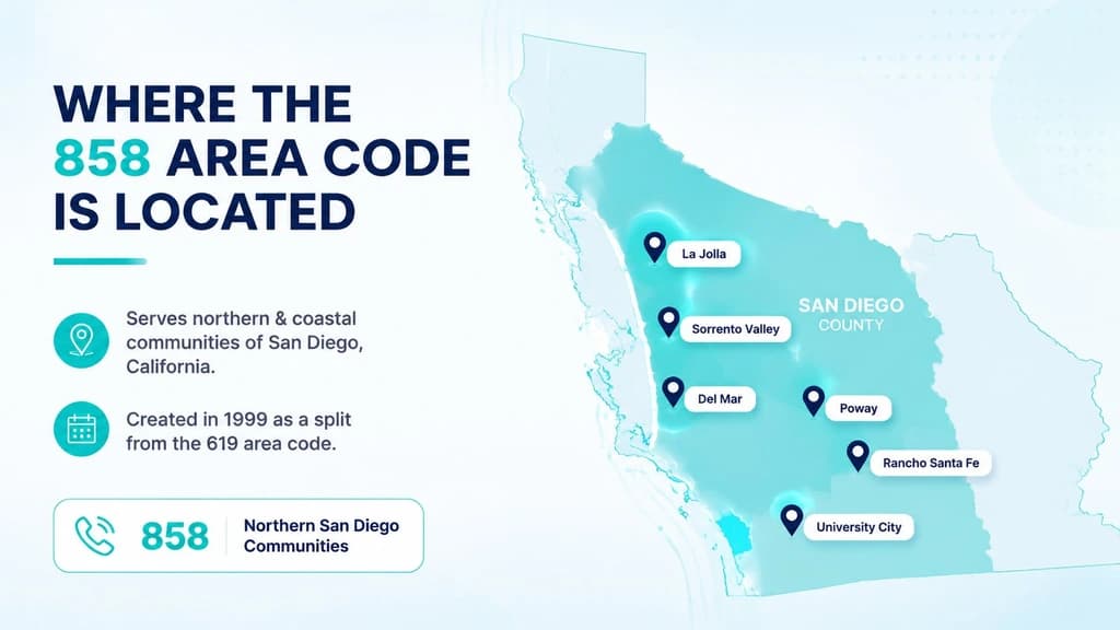 Where the 858 area code is located across northern and coastal San Diego