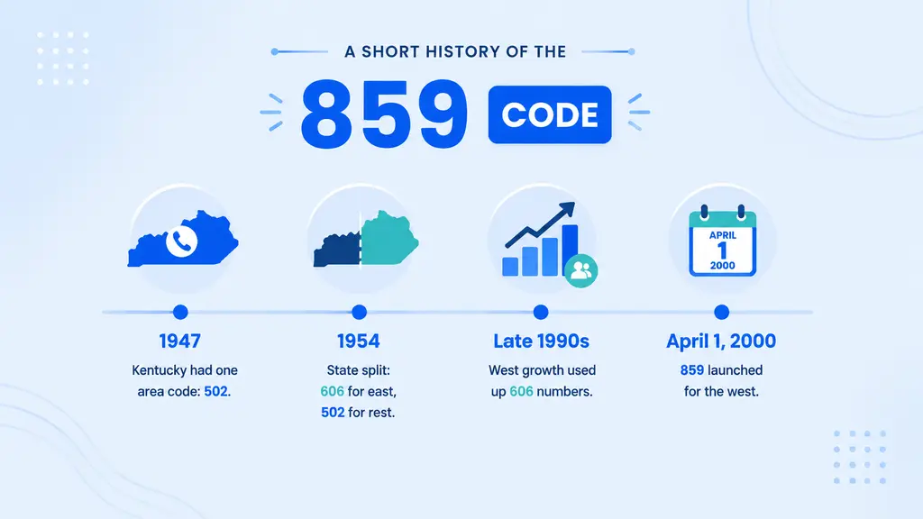 Timeline infographic tracing Kentucky's area code history from 502 covering the whole state in 1947, through the 606 split in 1954 for eastern Kentucky, to the 859 split in April 2000 giving Lexington its own dedicated code, on a pale blue background with a ghosted Kentucky outline