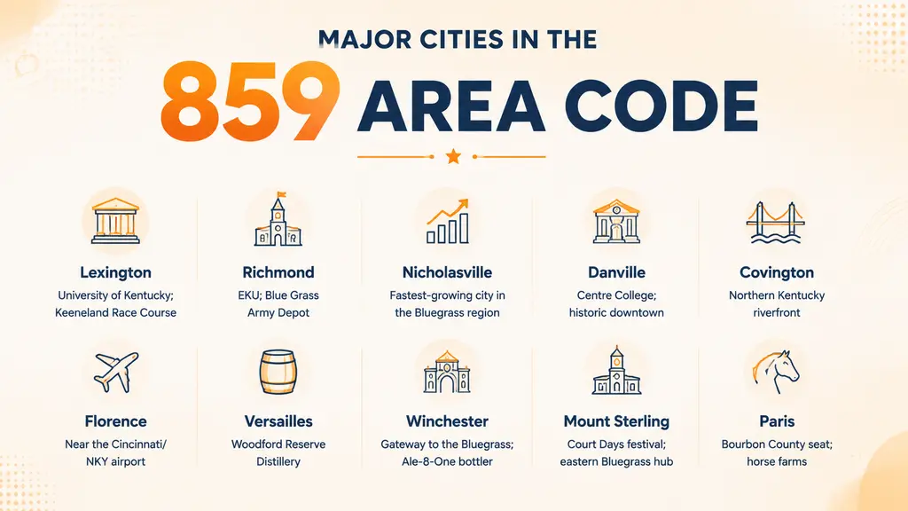 Major cities in the 859 area code — Lexington, Richmond, Nicholasville, Danville, Covington, Florence, Versailles, Winchester
