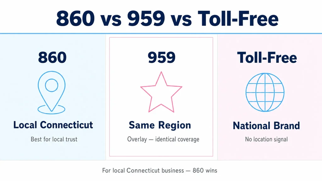 Comparison of 860 local Connecticut, 959 same-region overlay, and toll-free national brand numbers