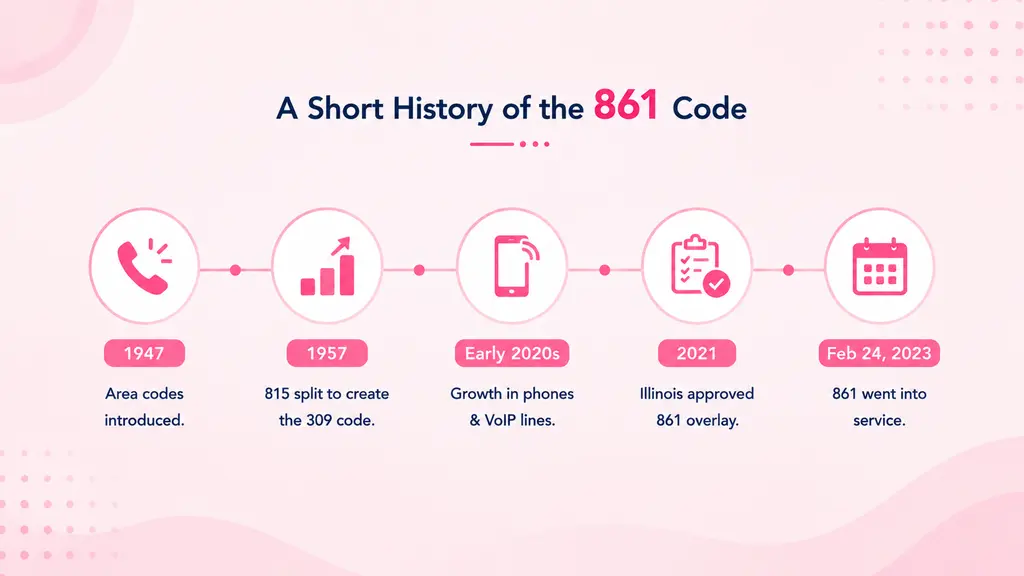 Timeline infographic tracing west-central Illinois' area code history from 815 covering the region in the early NANP era, through the 309 split in 1957, to the 861 overlay launching in February 2023, on a pale blue background with a ghosted Illinois outline