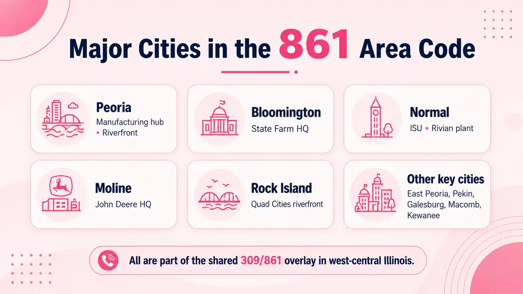 Major cities in the 861 area code — Peoria, Bloomington, Normal, Moline, Rock Island, East Peoria, Pekin, Galesburg