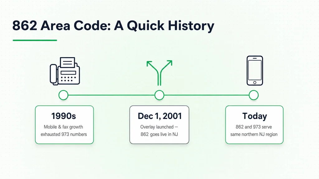 862 Area Code: A Quick History timeline showing 1990s number exhaustion, the December 1, 2001 overlay launch, and 862 and 973 serving northern NJ today