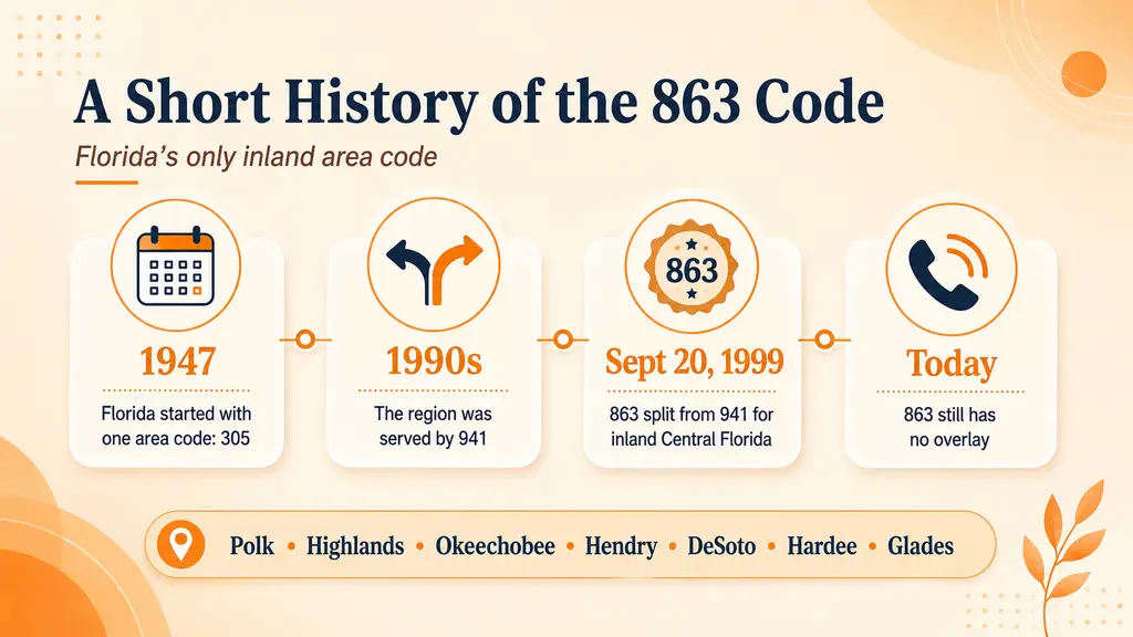 Timeline infographic tracing Central Florida's area code history from 305 covering the whole state in 1947, through the 941 split covering the Gulf Coast, to the 863 split in September 1999 giving the inland Heartland its own dedicated code, on a pale blue background with a ghosted Florida outline