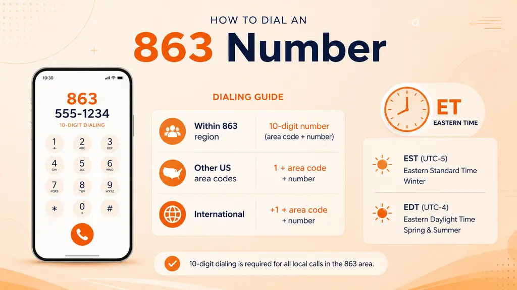 Illustration of a phone dial screen showing 10-digit dialing steps for an 863 number with an Eastern Time zone badge