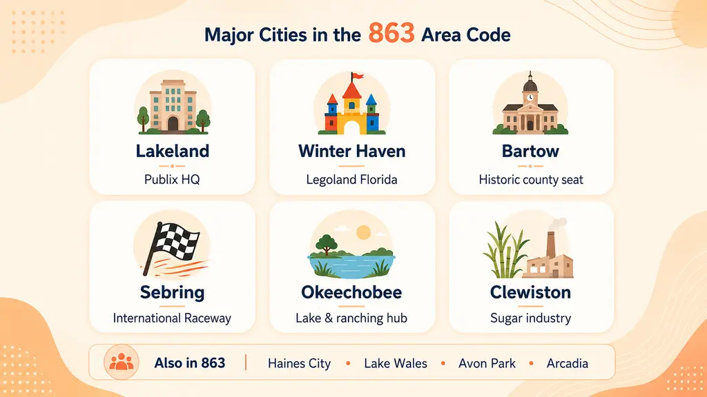 Major cities in the 863 area code — Lakeland, Winter Haven, Bartow, Haines City, Lake Wales, Sebring, Avon Park, Okeechobee
