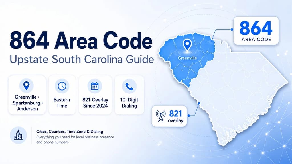 864 Area Code Upstate South Carolina guide showing Greenville on a map with 821 overlay, Eastern Time, and 10-digit dialing