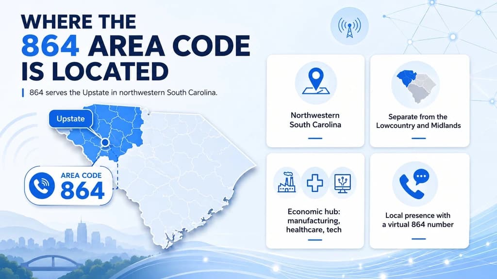 Where the 864 area code is located: northwestern South Carolina Upstate, separate from the Lowcountry and Midlands, an economic hub for manufacturing, healthcare, and tech