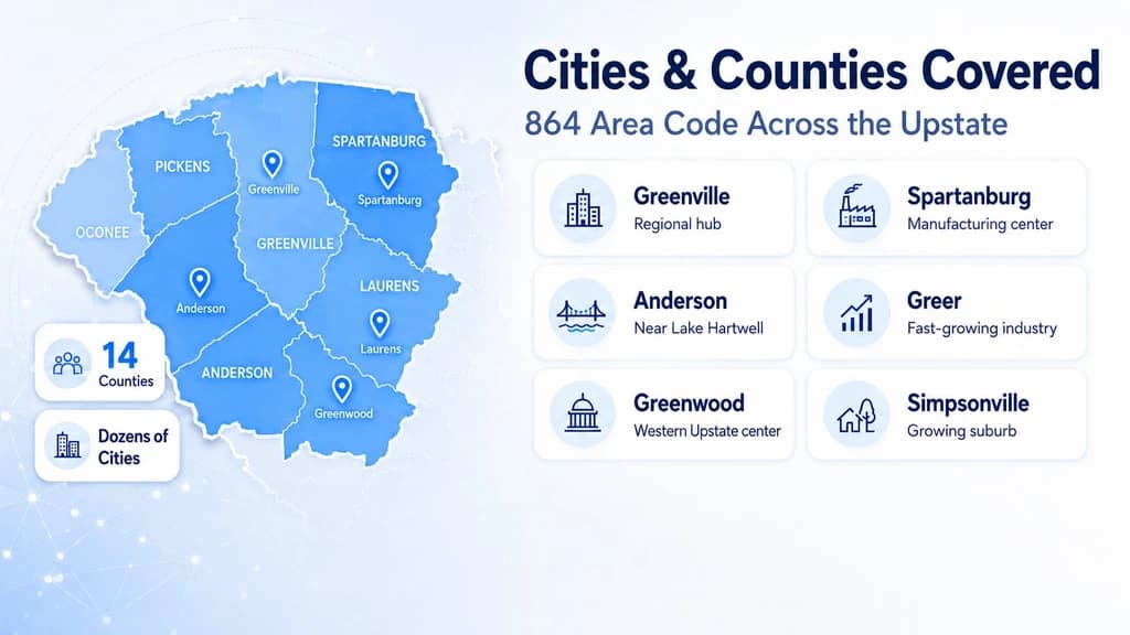 Cities and counties covered by the 864 area code across the Upstate: 14 counties and dozens of cities including Greenville, Spartanburg, Anderson, Greer, Greenwood, and Simpsonville