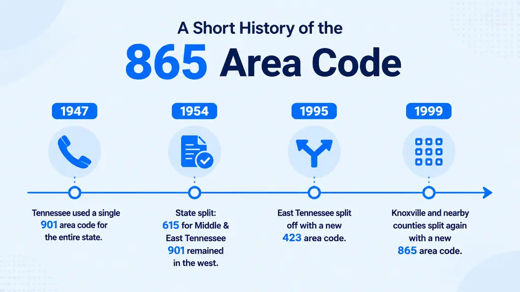 Timeline infographic tracing East Tennessee's area code history from 901 covering the whole state in 1947, through the 615 and 423 splits, to the 865 split in November 1999 giving Knoxville its own dedicated code, on a pale blue background with a ghosted Tennessee outline