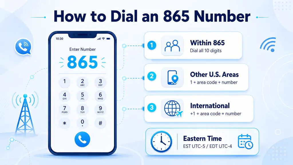 Illustration of a phone dial screen showing 10-digit dialing steps for an 865 number with an Eastern Time zone badge