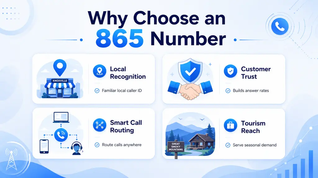Four icon cards illustrating local presence, trust, call routing, and remote work benefits of an 865 phone number
