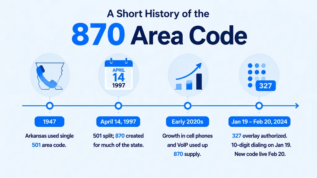 Timeline infographic tracing Arkansas's area code history from 501 covering the whole state in 1947, through the 870 split in April 1997 for rural and small-city Arkansas, to the 327 overlay launching in February 2024, on a pale blue background with a ghosted Arkansas outline