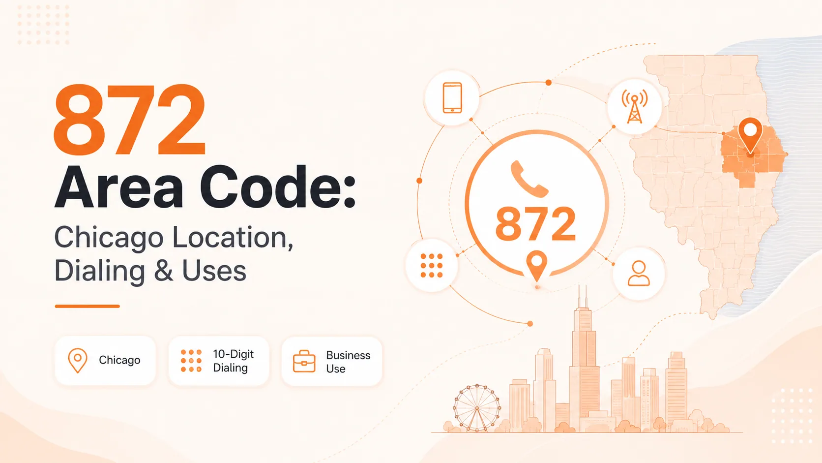 872 Area Code: Chicago location, dialing, and uses infographic