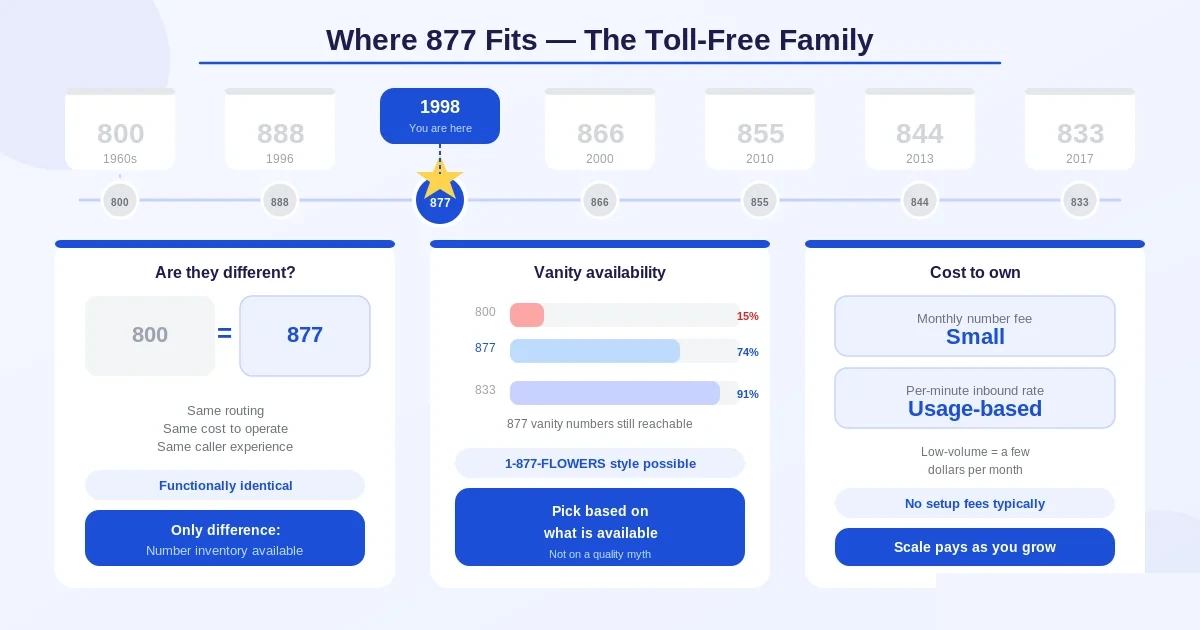 The toll-free number family timeline — 800 from the 1960s, 888 added in 1996, 877 in 1998, 866 in 2000, and 855 844 833 from 2010 to 2017, all functionally identical