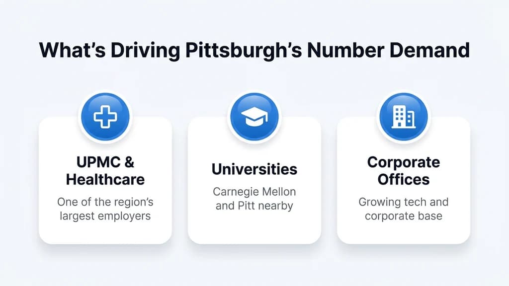 Editorial stat graphic titled What's Growing Pittsburgh's Number Demand, with rows for UPMC healthcare, universities, and corporate headquarters
